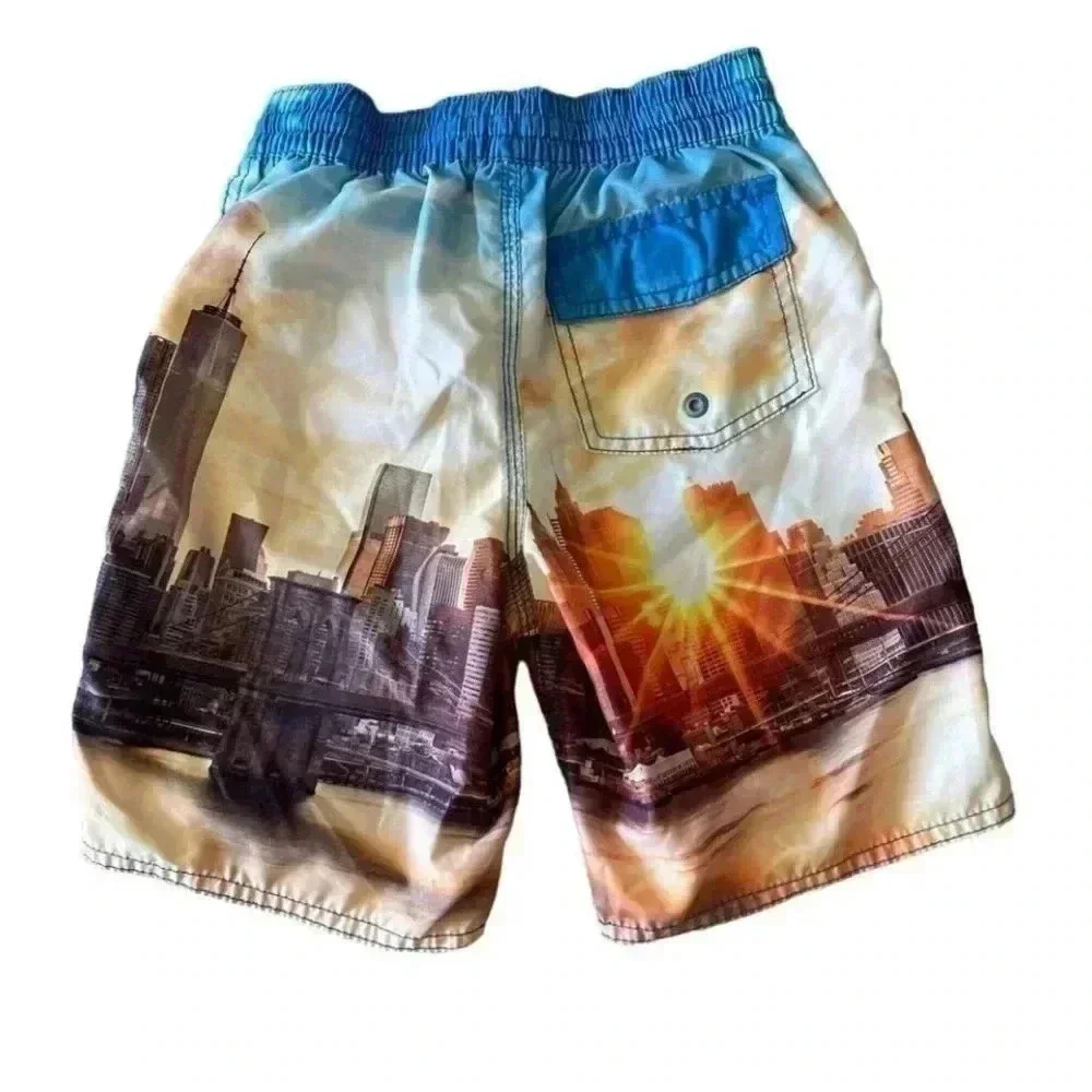 Old Navy Yellow Blue City Sunset Boys Swimming Board Short Pants SZ S( 6/7)